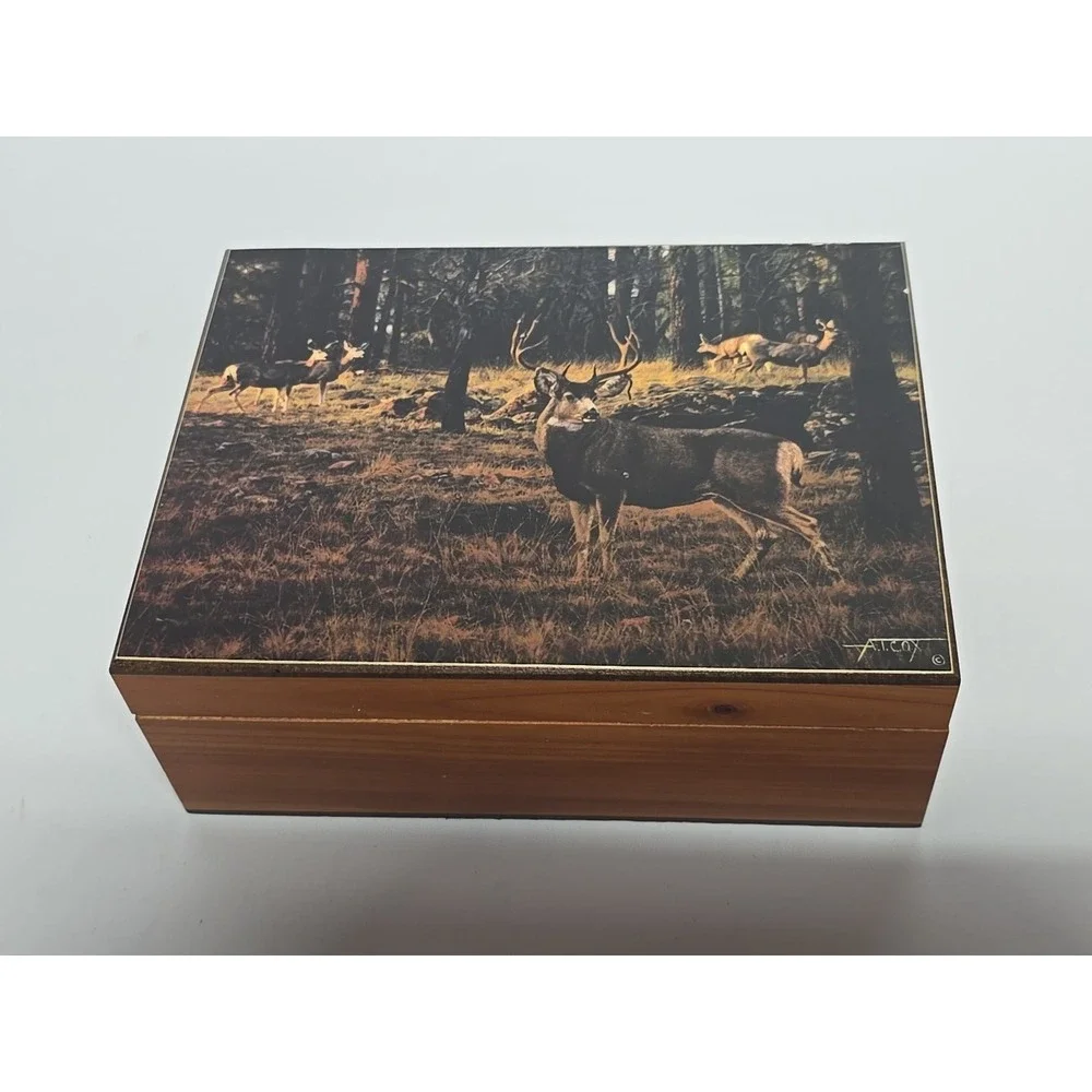 Vtg Deer Picture Cedar Jewelry Box Mule Deer Picture Trinket A.T. Cox Hunter